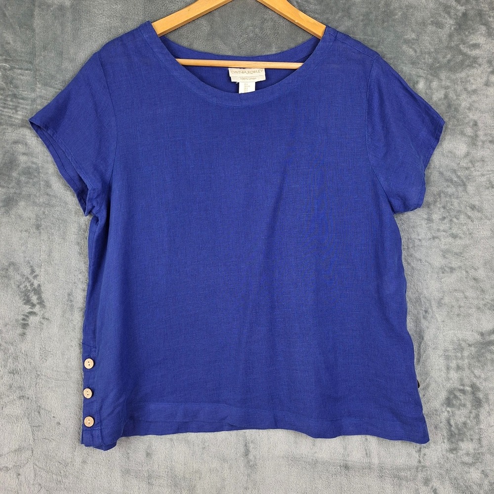 Womens Top Large Blue Linen Minimalist Coastal Beach Resort‎ Boxy Lagenlook Boho